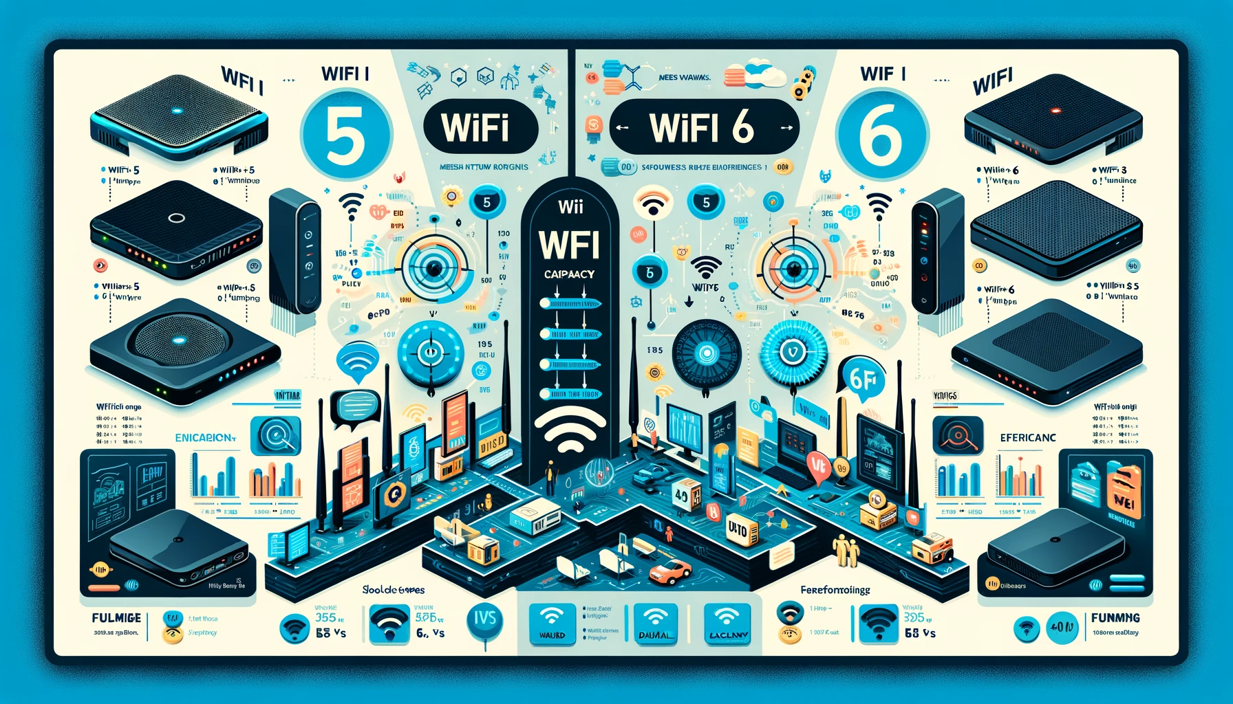 A comparison infographic illustrating WiFi 5 versus WiFi 6 along with different types of WiFi. The image shows two sections one for WiFi 5 and one f