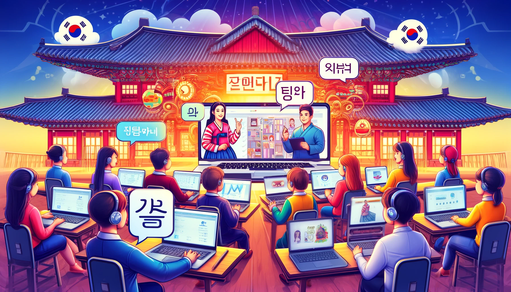 A vibrant illustration depicting online lessons boosting Korean language skills. The scene shows a diverse group of students engaging in a virtual cla